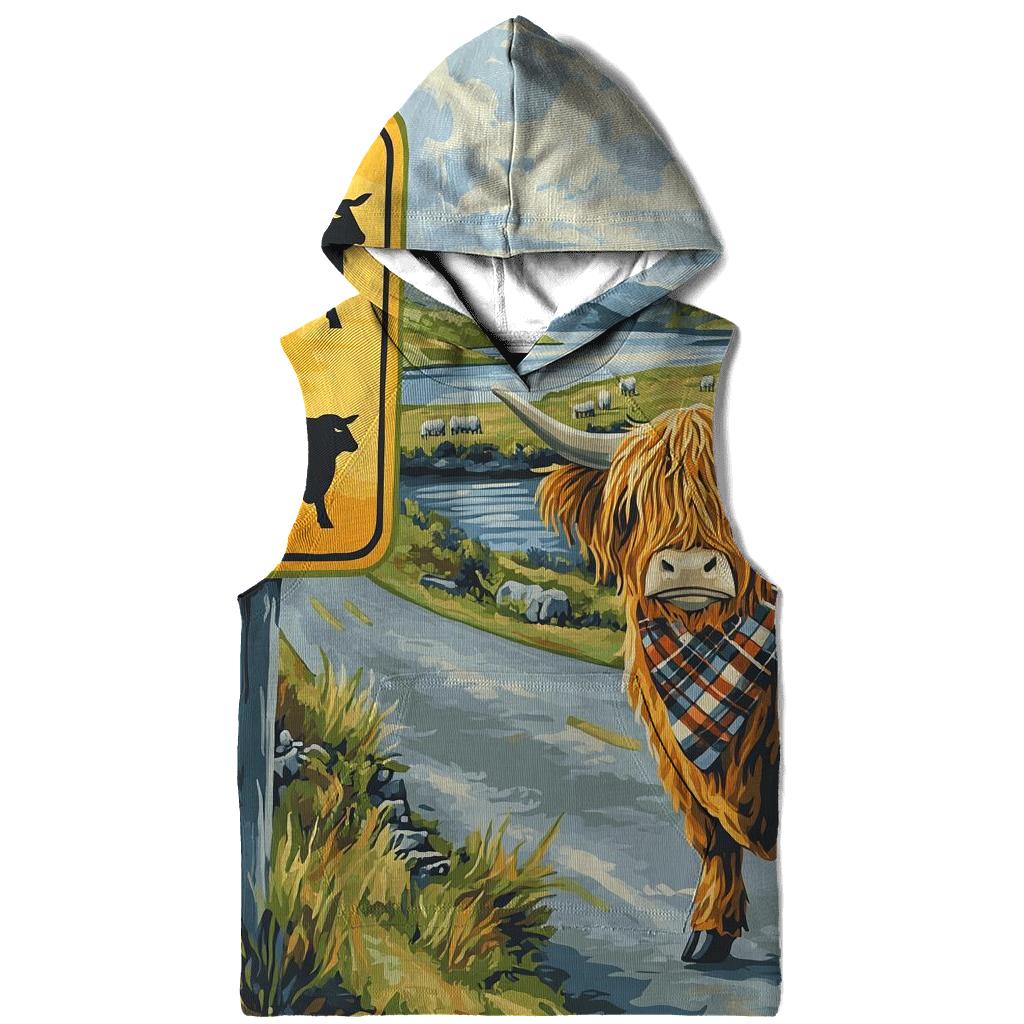 Highland Cow Crossing Sign At The Roadside pullover hoodies