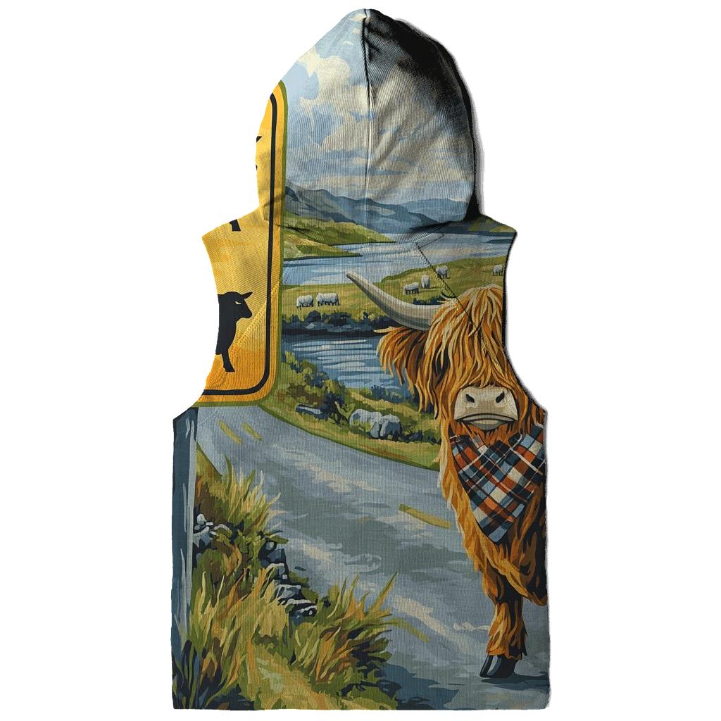 Highland Cow Crossing Sign At The Roadside pullover hoodies