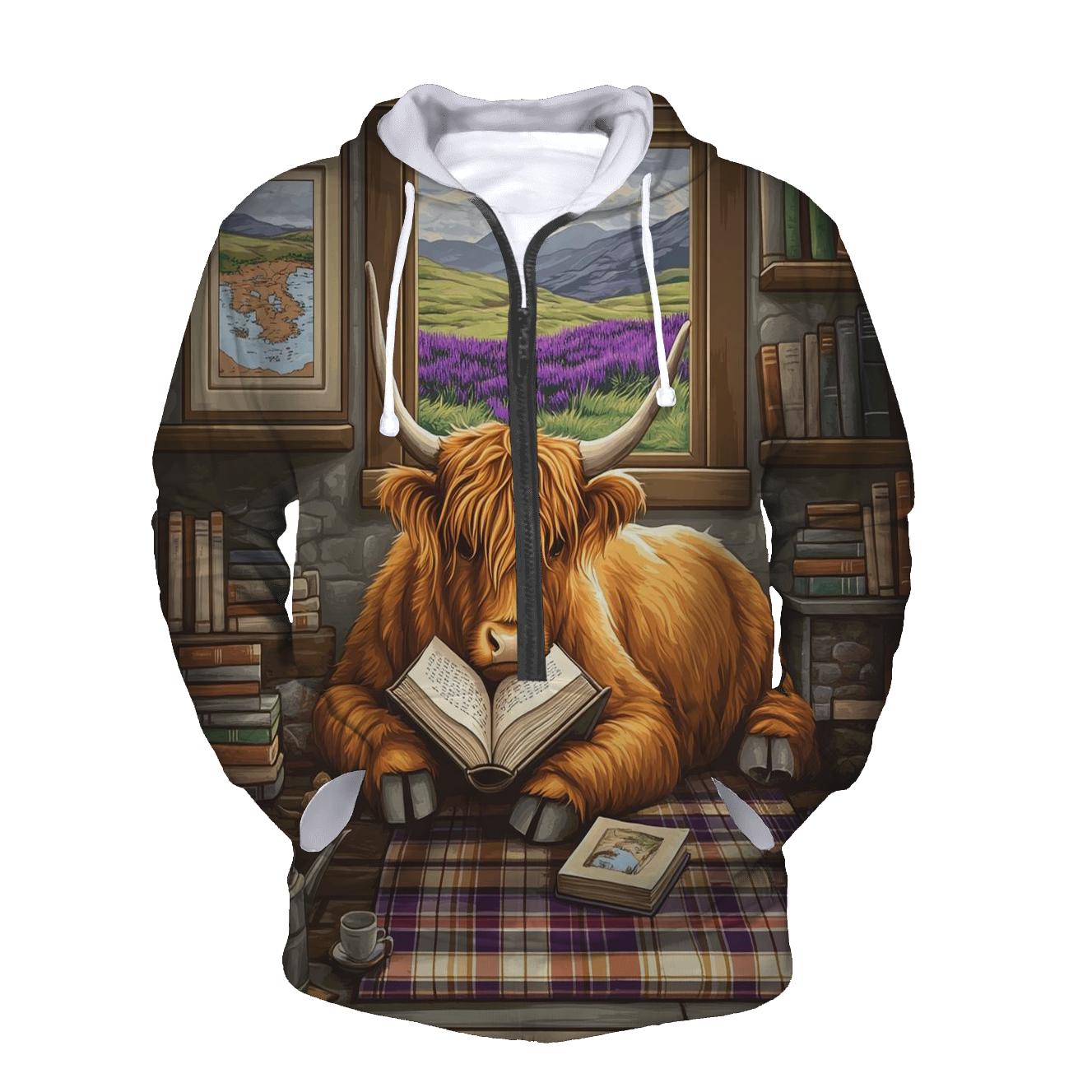 Heather Library Reading Highland Cow custom hoodies