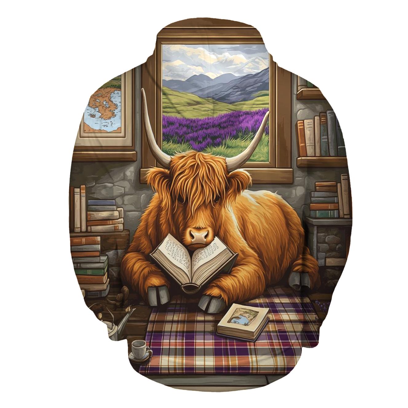 Heather Library Reading Highland Cow custom hoodies