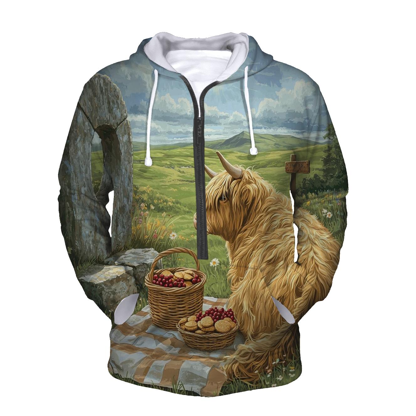 Stone Circle Picnic, Highland Cow Companion premium hoodies