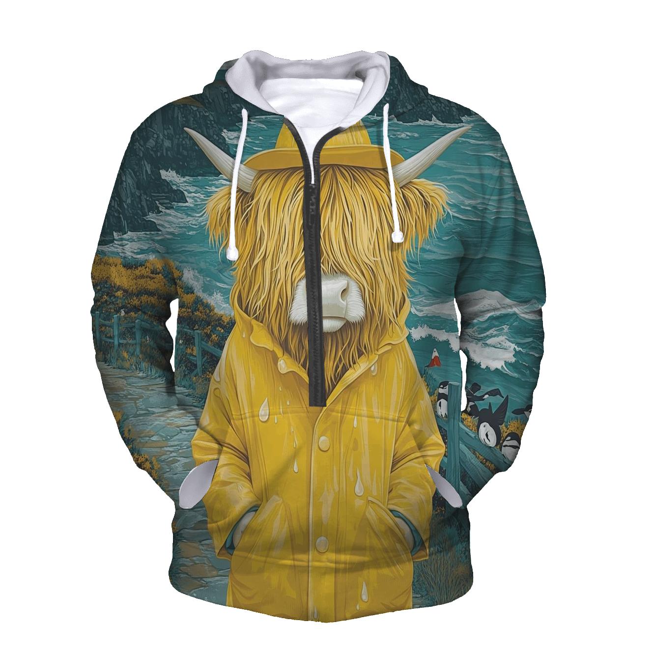 Highland Cow In Raincoat By The Sea Cliffs premium hoodies