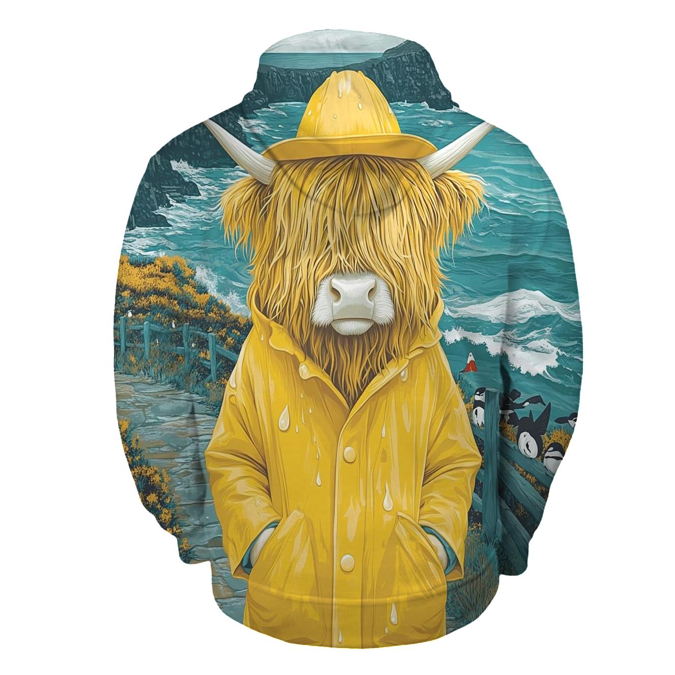 Highland Cow In Raincoat By The Sea Cliffs premium hoodies