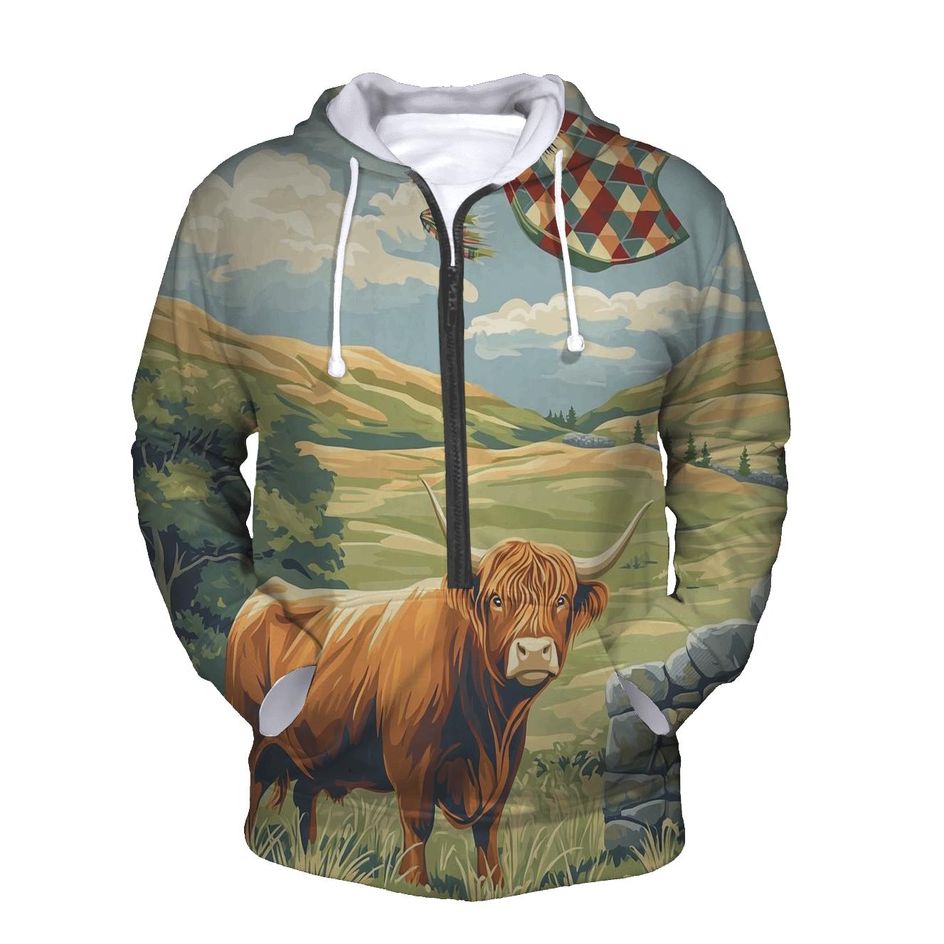 Tartan Kite Field With Highland Cow Watcher custom hoodies