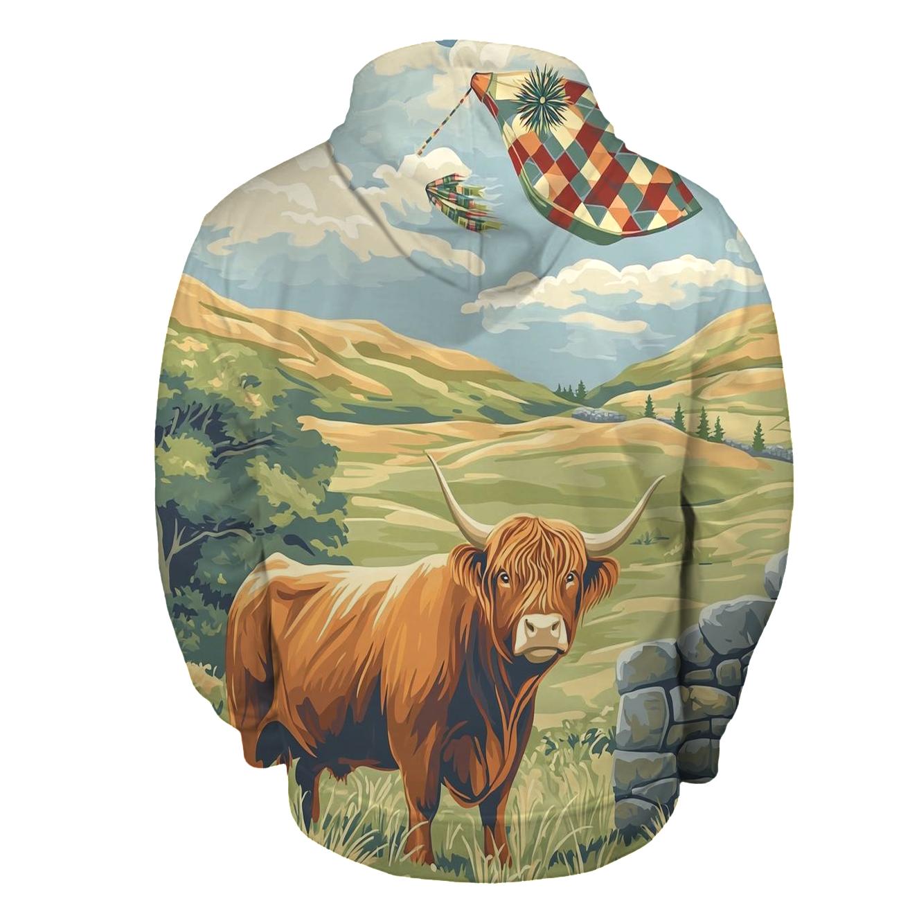 Tartan Kite Field With Highland Cow Watcher custom hoodies