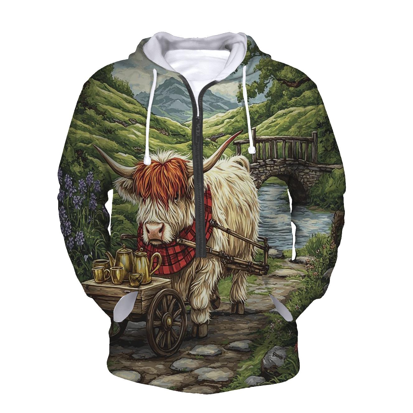 Highland Cow Tea Cart In The Glen embroidered hoodies