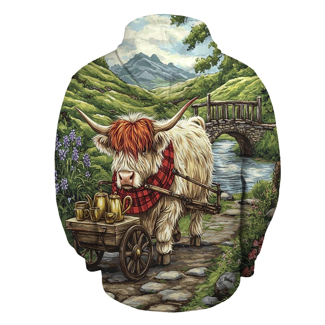 Highland Cow Tea Cart In The Glen embroidered hoodies