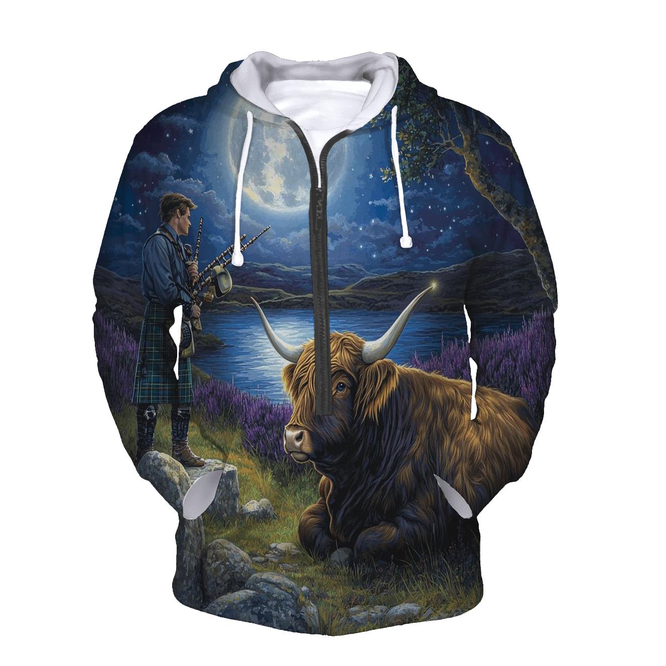 Moonlit Bagpiper With Highland Cow Listener premium hoodies