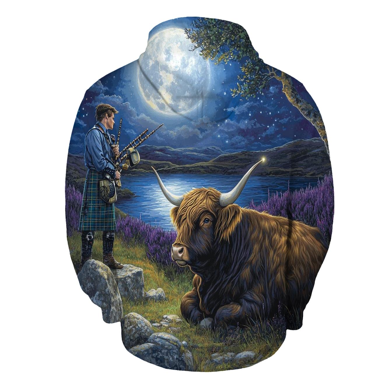 Moonlit Bagpiper With Highland Cow Listener premium hoodies