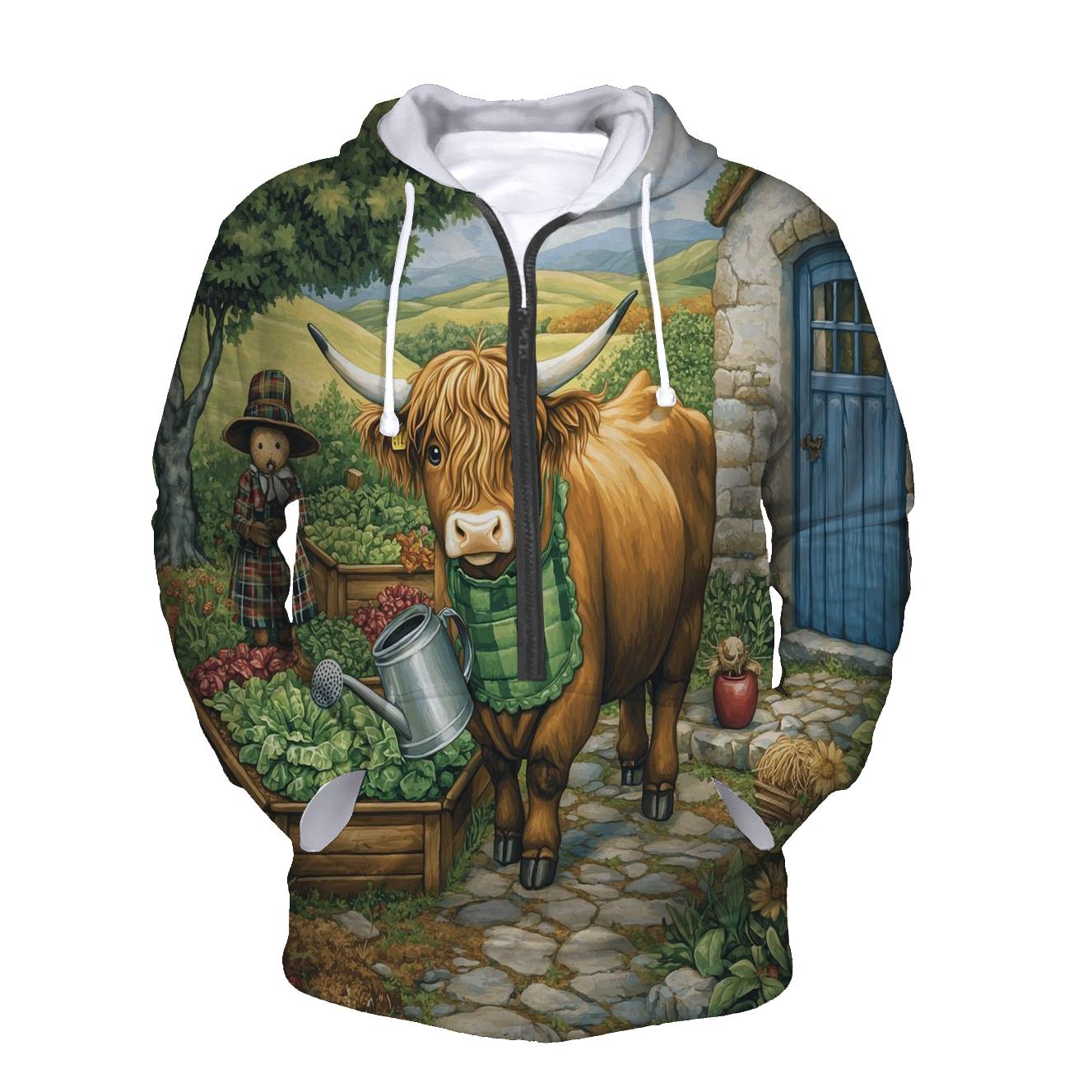 Highland Cow Gardener In A Cottage Plot hoodie designs