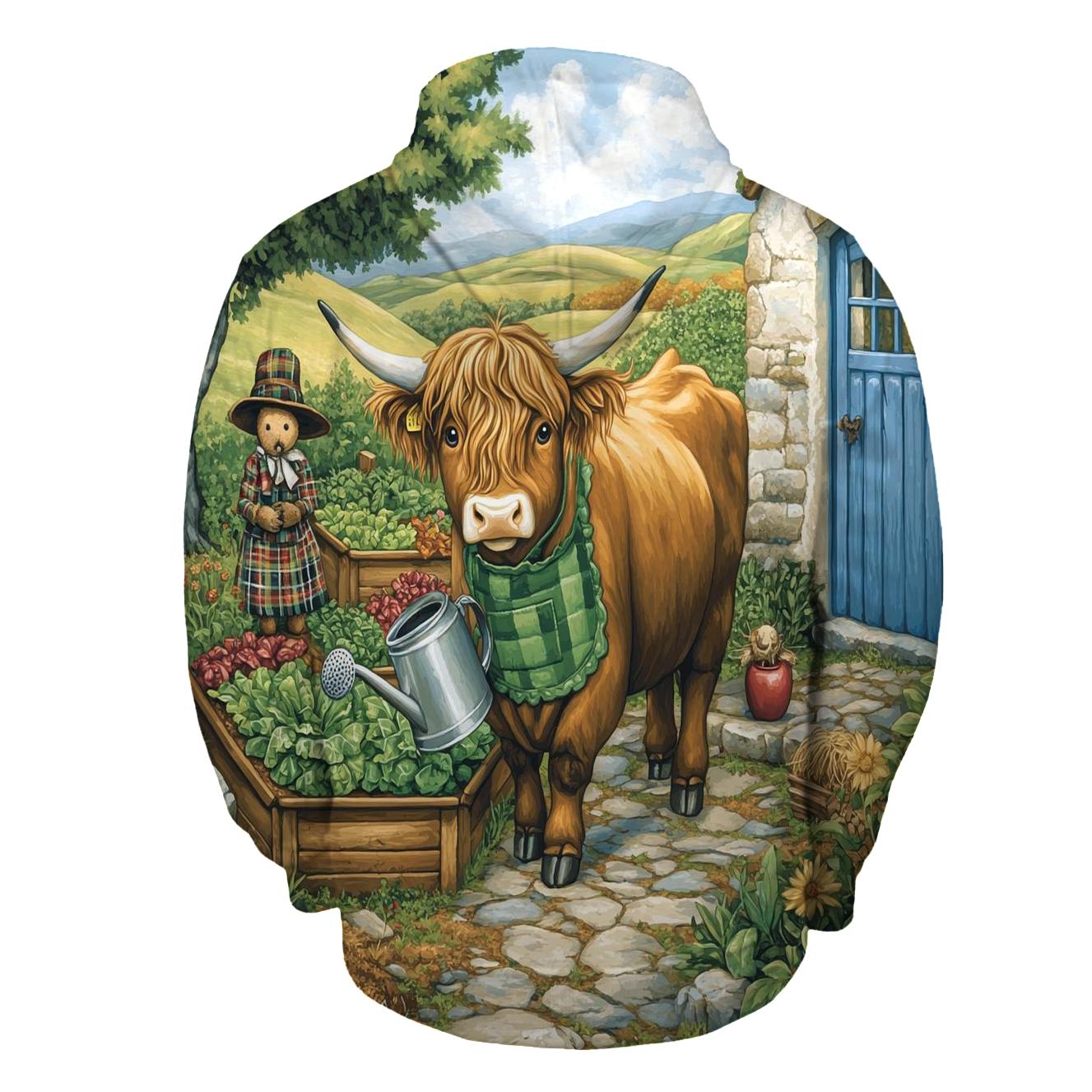 Highland Cow Gardener In A Cottage Plot hoodie designs