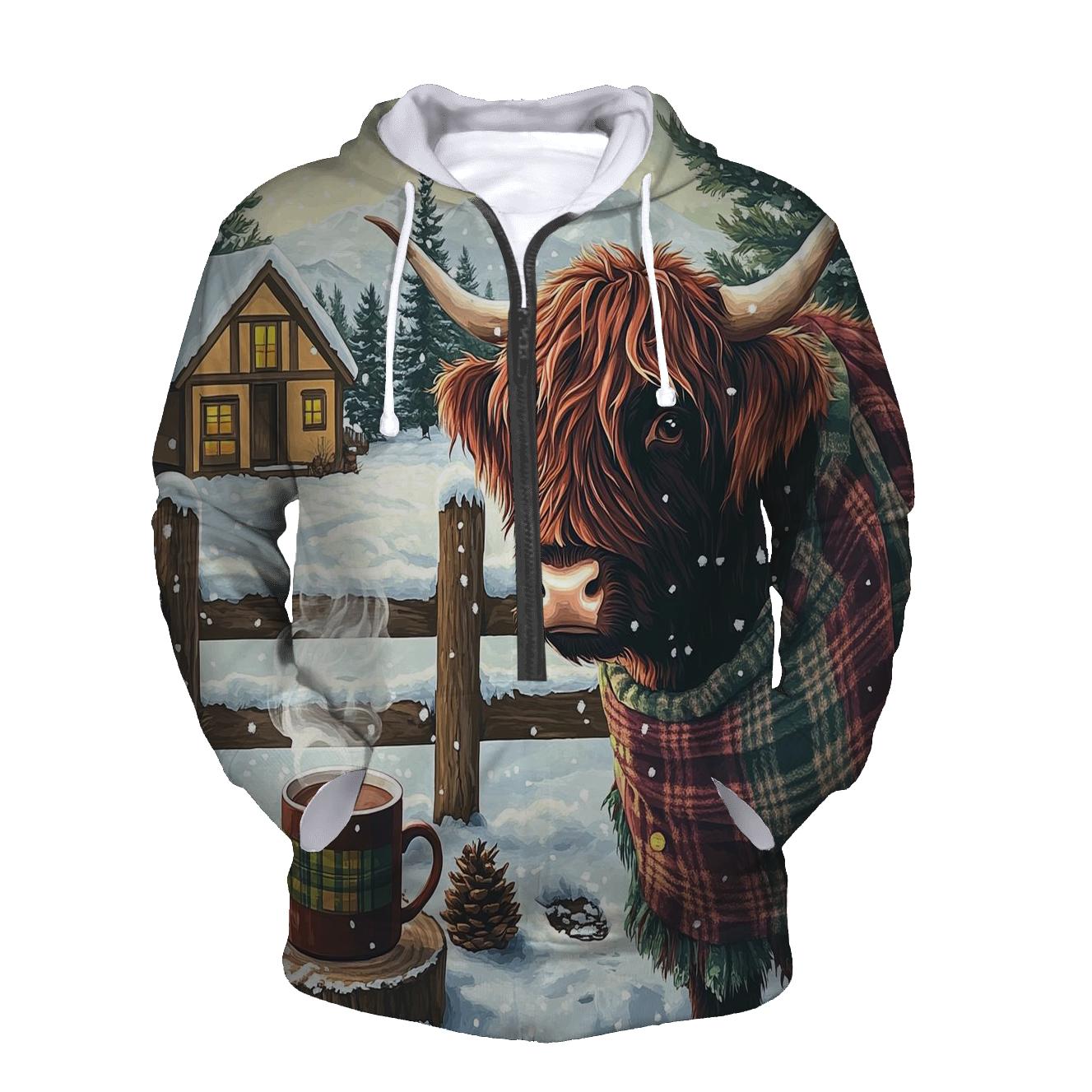 Winter Cocoa With Highland Cow By The Fence printed hoodies