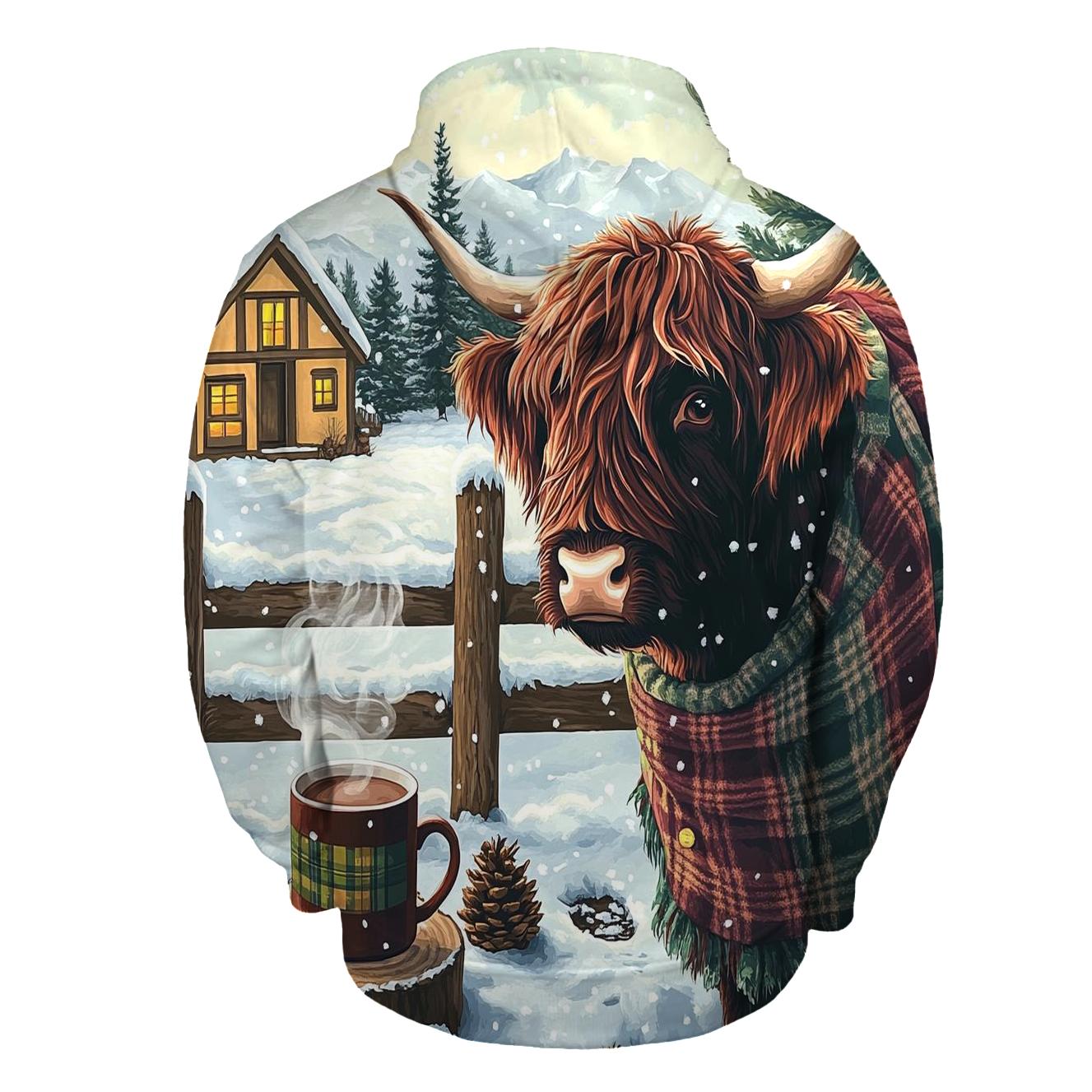Winter Cocoa With Highland Cow By The Fence printed hoodies