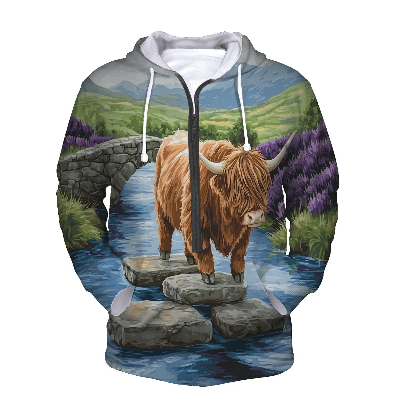 Highland Cow River Crossing On Stepping Stones premium hoodies