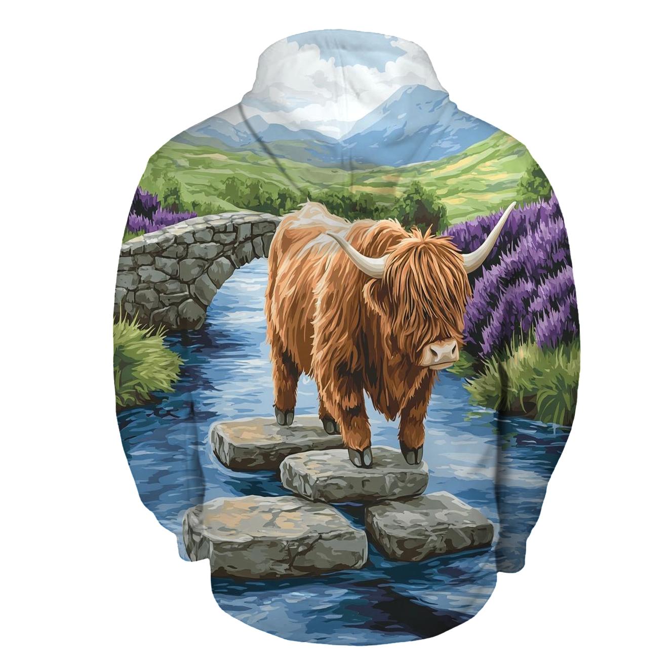 Highland Cow River Crossing On Stepping Stones premium hoodies