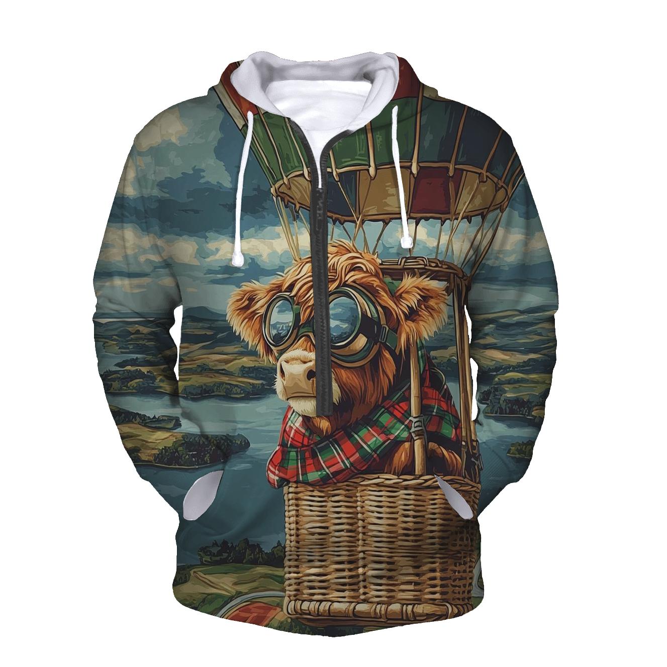 Highland Cow Balloon Ride Over The Loch embroidered hoodies