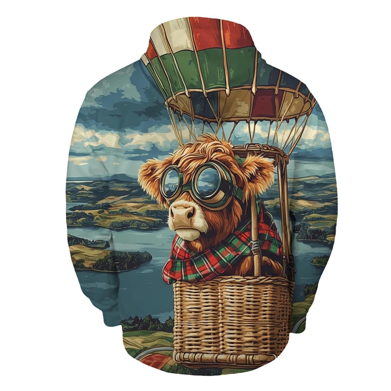 Highland Cow Balloon Ride Over The Loch embroidered hoodies