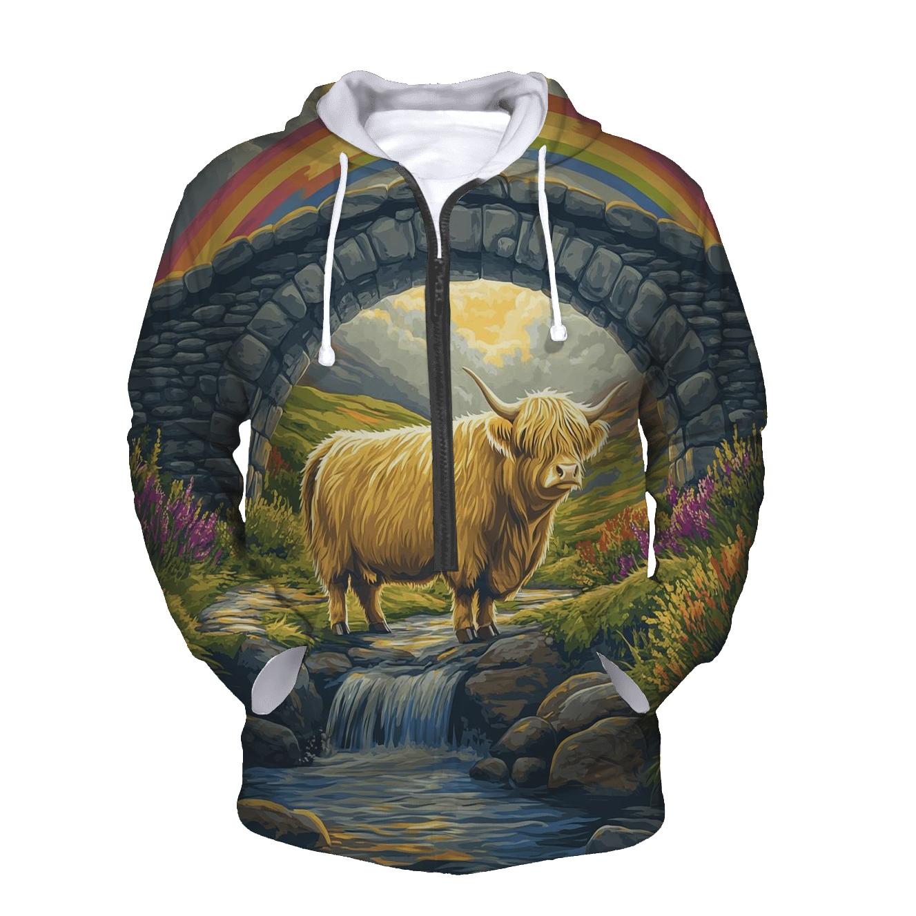 Highland Cow Under The Rainbow Bridge Arch printed hoodies