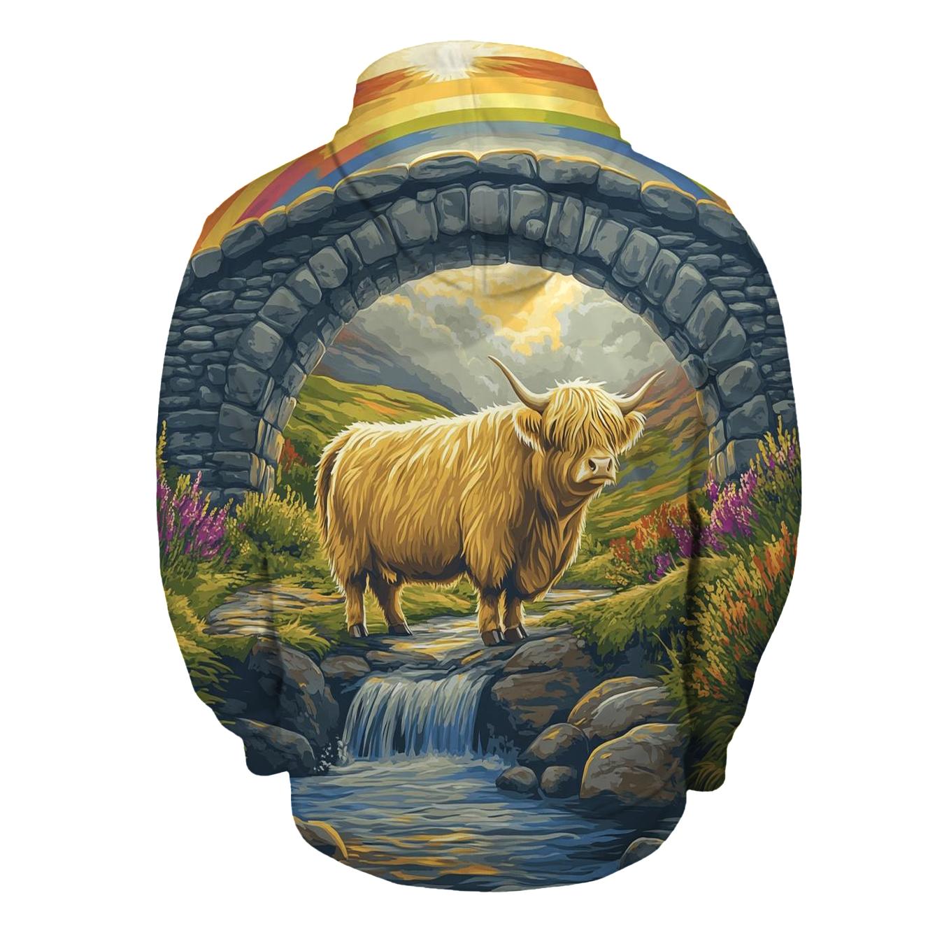 Highland Cow Under The Rainbow Bridge Arch printed hoodies