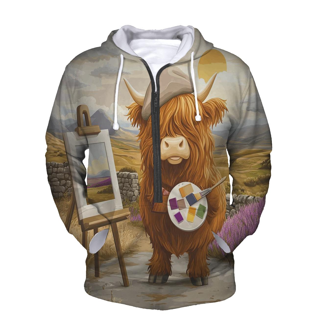 Highland Cow Art Student With Easel pullover hoodies