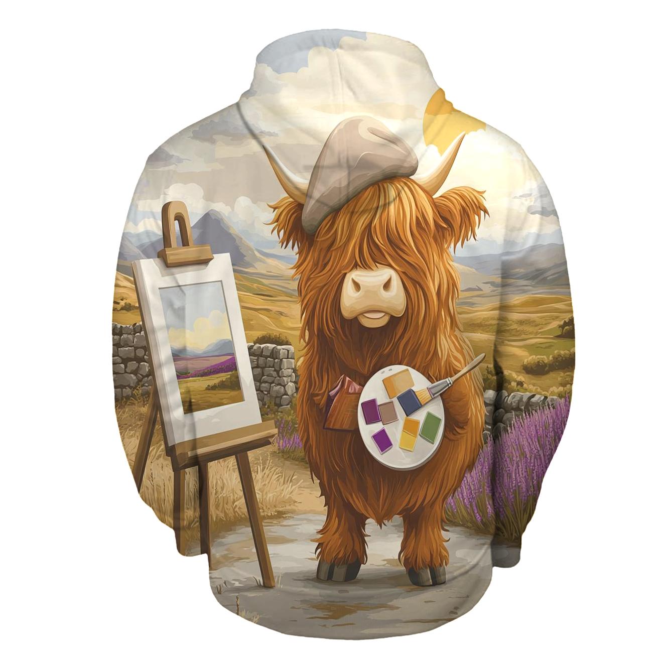 Highland Cow Art Student With Easel pullover hoodies