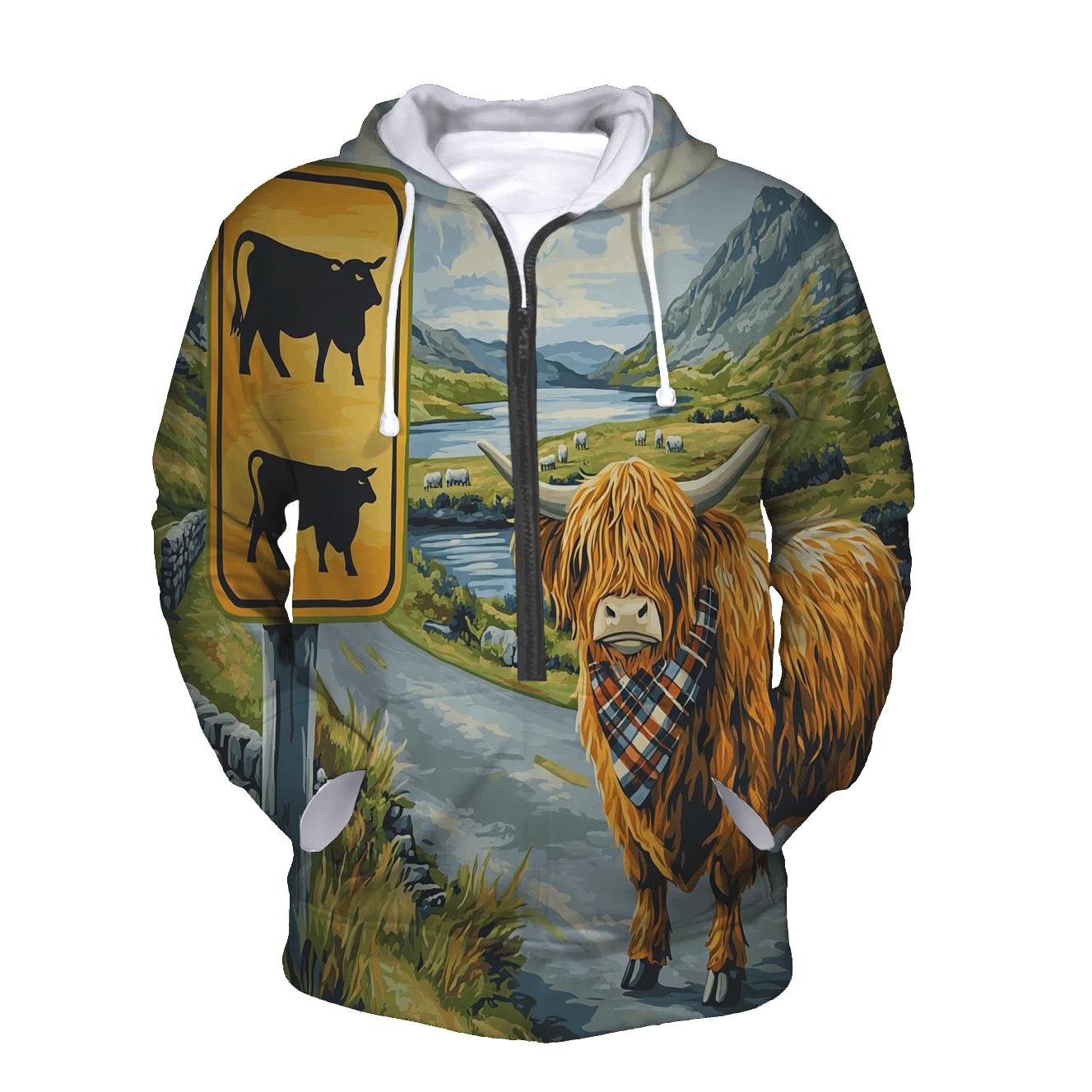 Highland Cow Crossing Sign At The Roadside custom hoodies