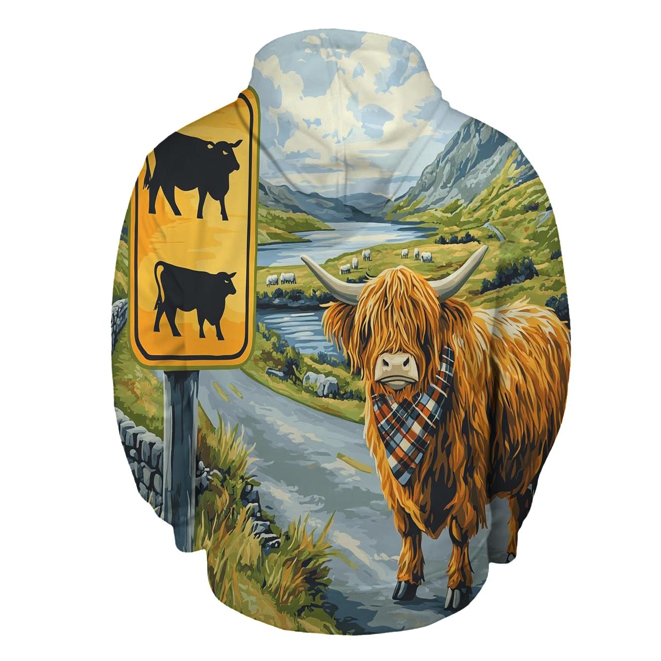 Highland Cow Crossing Sign At The Roadside custom hoodies