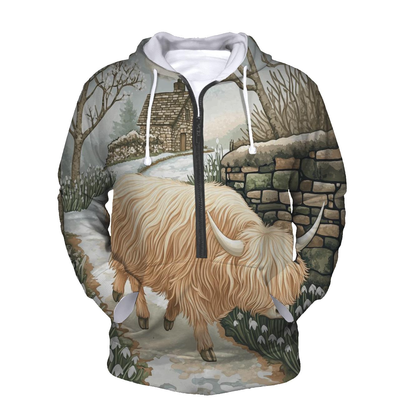 Highland Cow Snowdrop Path In Early Spring premium hoodies