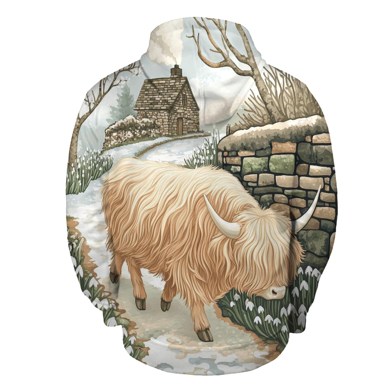 Highland Cow Snowdrop Path In Early Spring premium hoodies