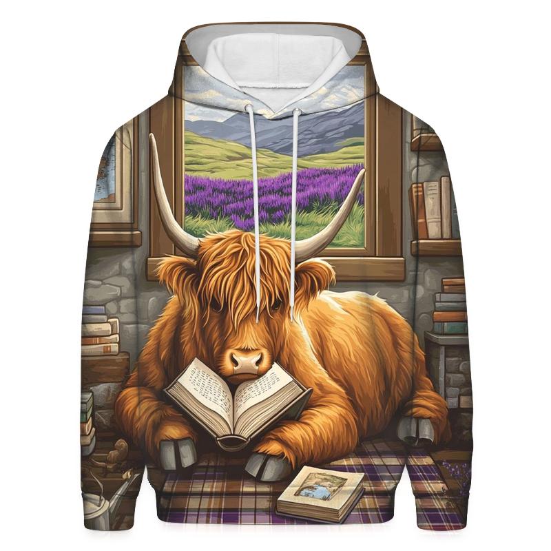 Heather Library Reading Highland Cow heavyweight hoodies