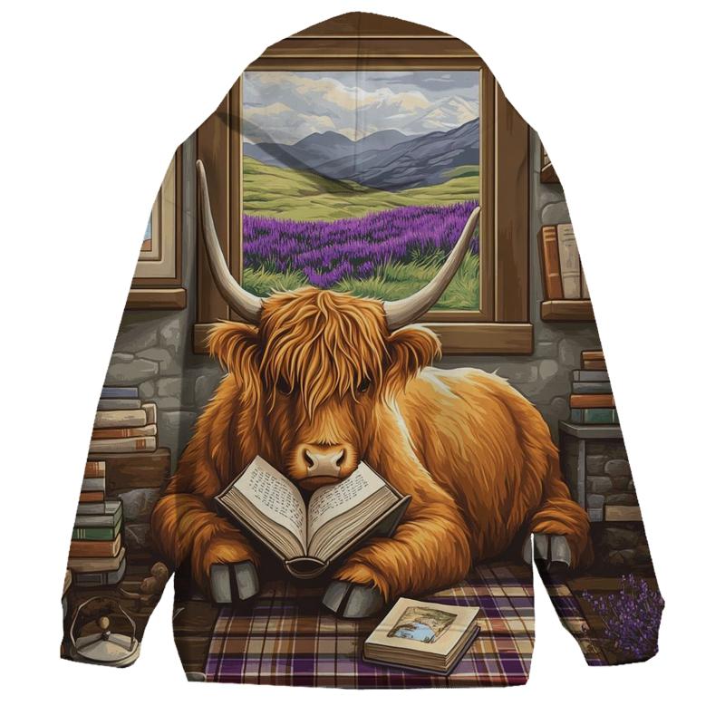 Heather Library Reading Highland Cow heavyweight hoodies