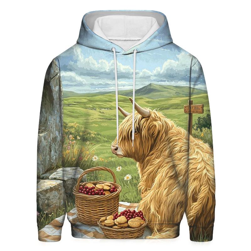 Stone Circle Picnic, Highland Cow Companion graphic hoodies