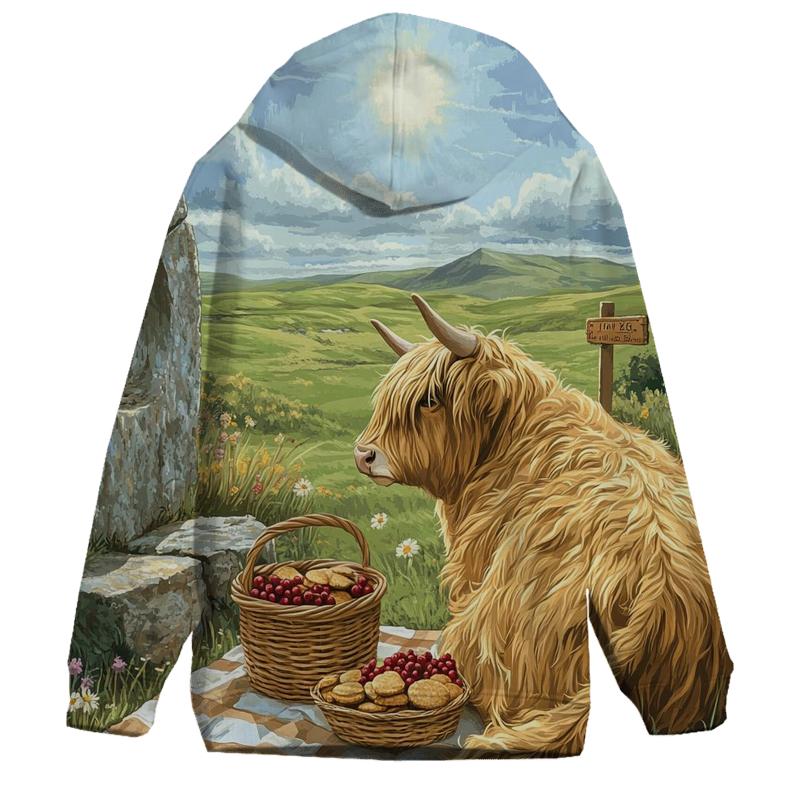 Stone Circle Picnic, Highland Cow Companion graphic hoodies