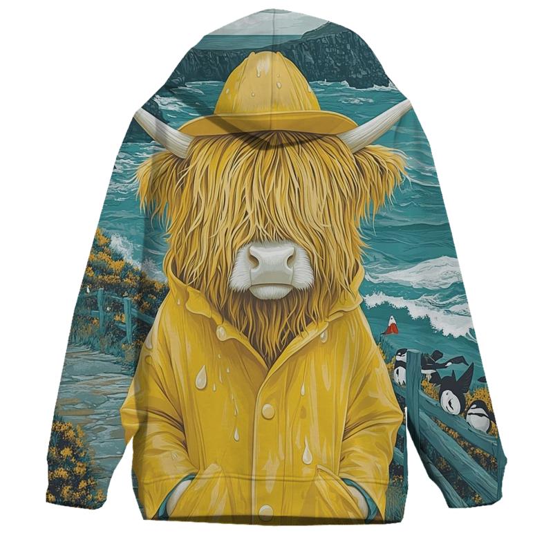 Highland Cow In Raincoat By The Sea Cliffs hoodie styles