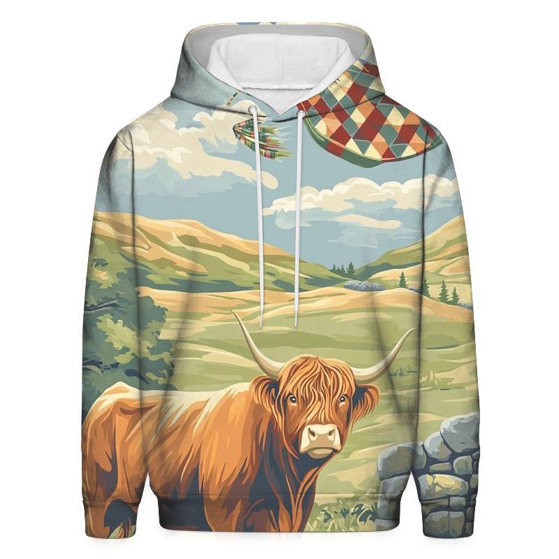 Tartan Kite Field With Highland Cow Watcher hoodie designs