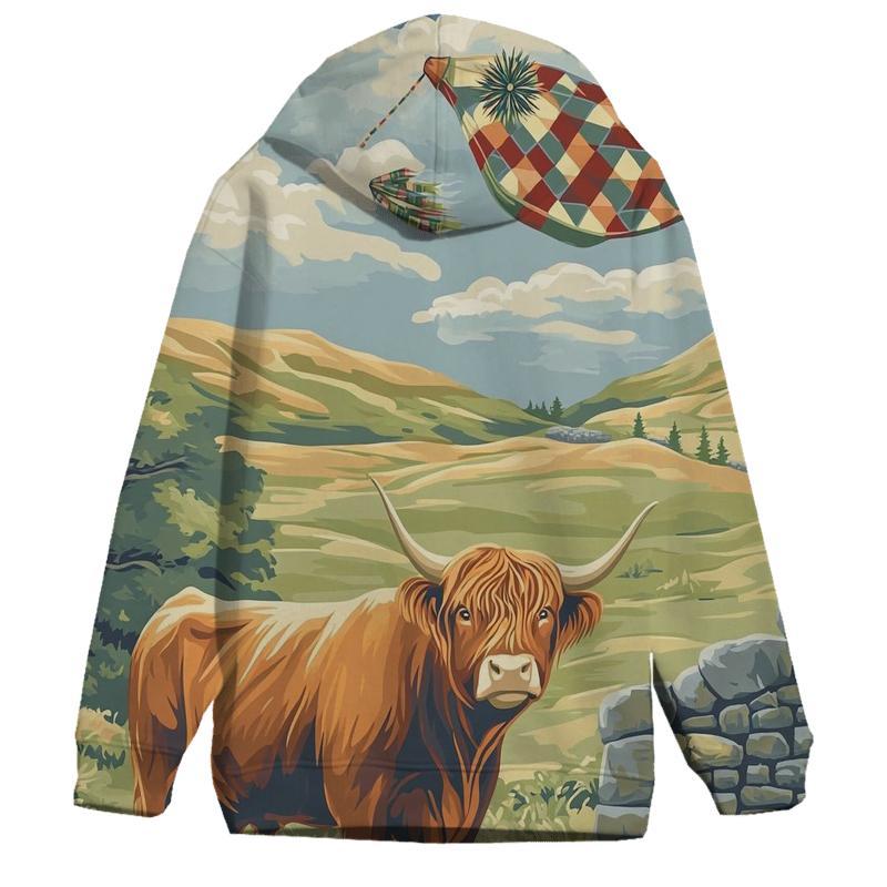 Tartan Kite Field With Highland Cow Watcher hoodie designs
