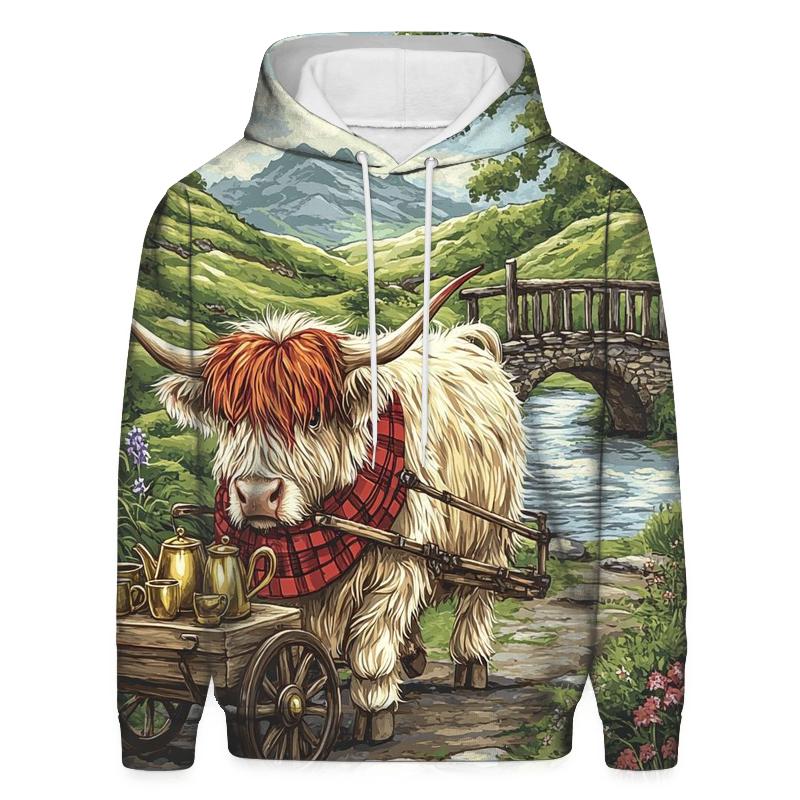 Highland Cow Tea Cart In The Glen graphic hoodies