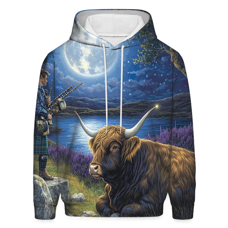 Moonlit Bagpiper With Highland Cow Listener hoodie designs