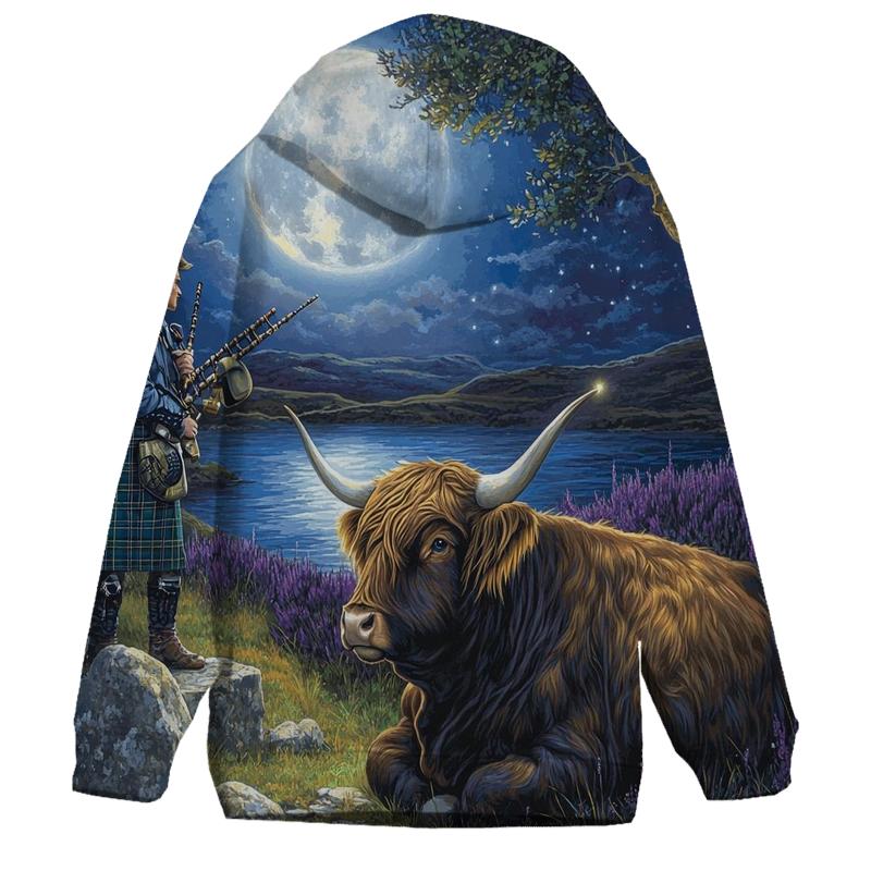 Moonlit Bagpiper With Highland Cow Listener hoodie designs