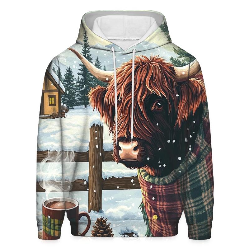 Winter Cocoa With Highland Cow By The Fence lightweight hoodies
