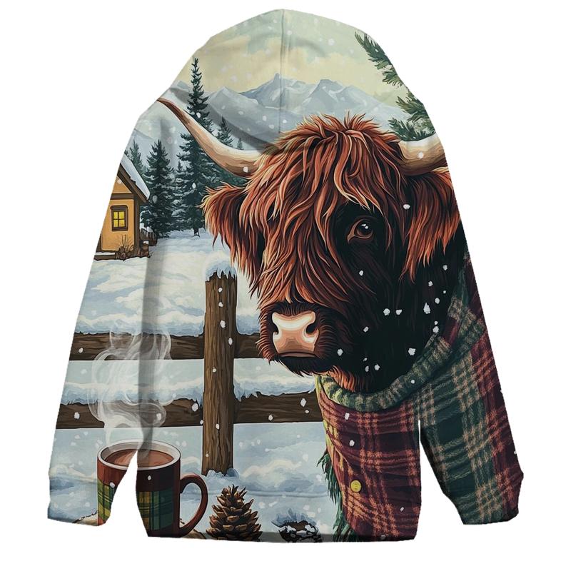 Winter Cocoa With Highland Cow By The Fence lightweight hoodies