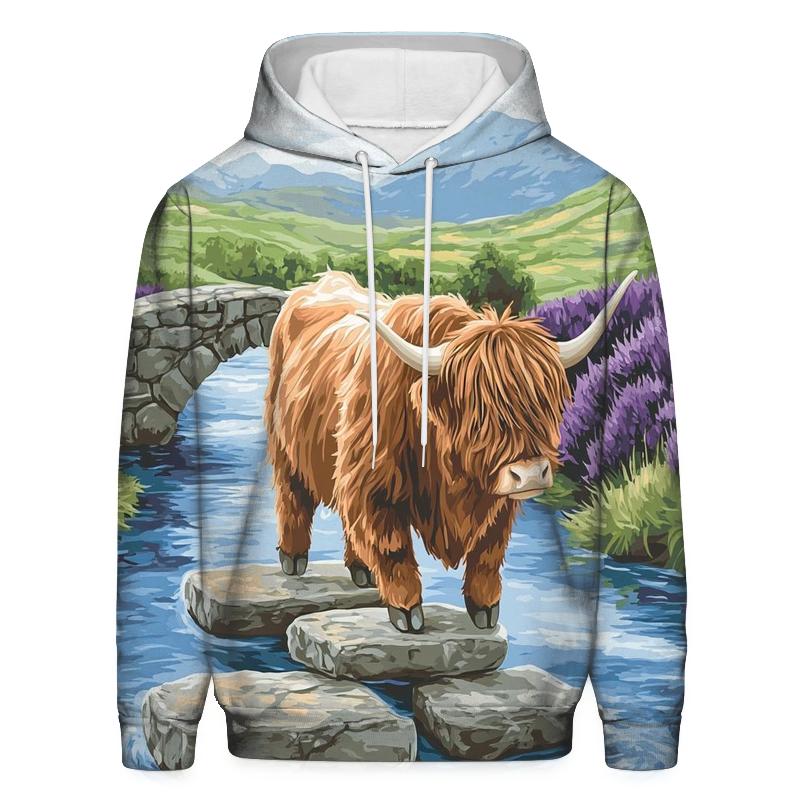 Highland Cow River Crossing On Stepping Stones lightweight hoodies