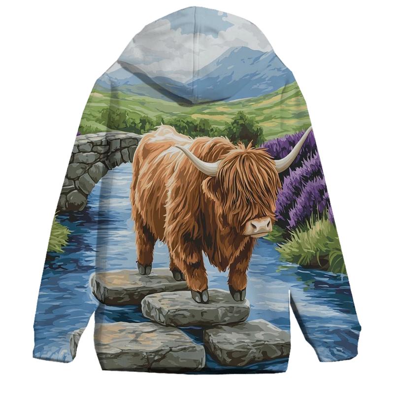 Highland Cow River Crossing On Stepping Stones lightweight hoodies