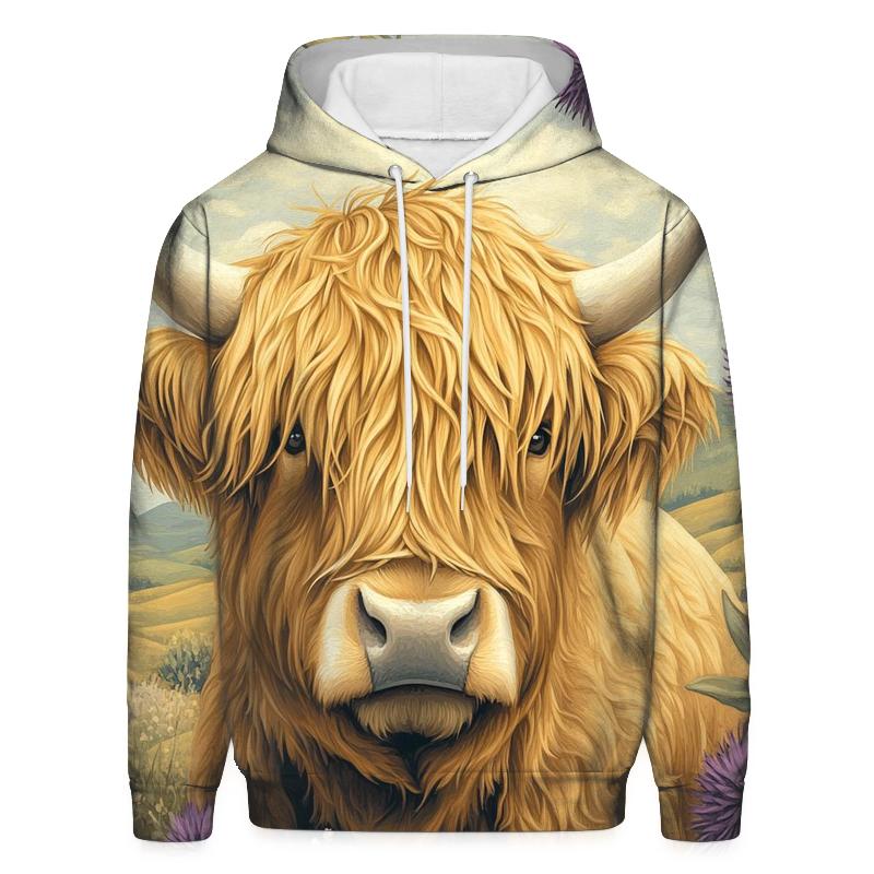 Highland Cow In Thistle Meadow Portrait hoodies fashion