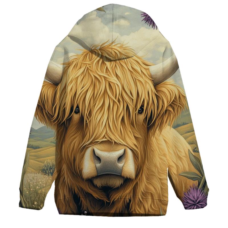 Highland Cow In Thistle Meadow Portrait hoodies fashion