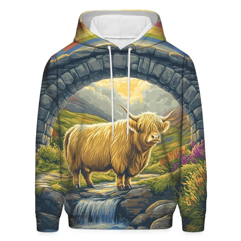 Highland Cow Under The Rainbow Bridge Arch graphic hoodies