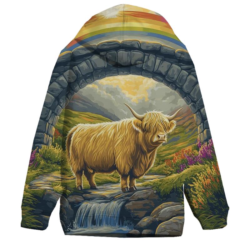 Highland Cow Under The Rainbow Bridge Arch graphic hoodies