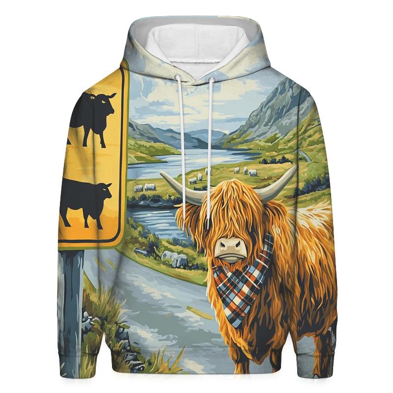Highland Cow Crossing Sign At The Roadside hoodie trends