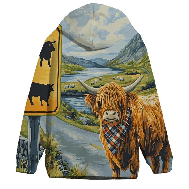 Highland Cow Crossing Sign At The Roadside hoodie trends
