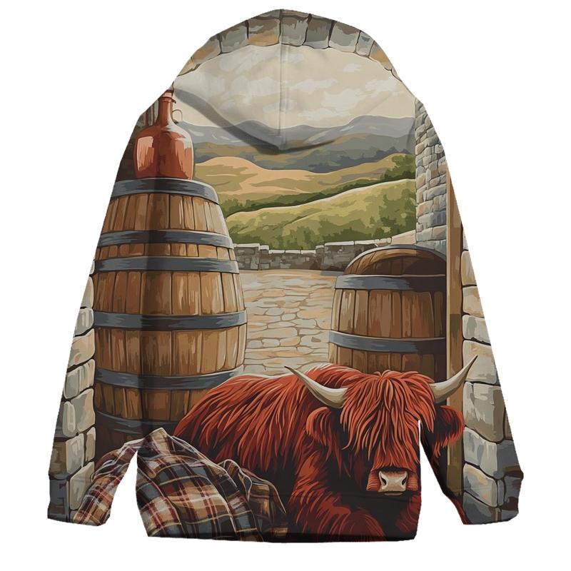 Highland Cow At The Whisky Barrel Rest zip-up hoodies